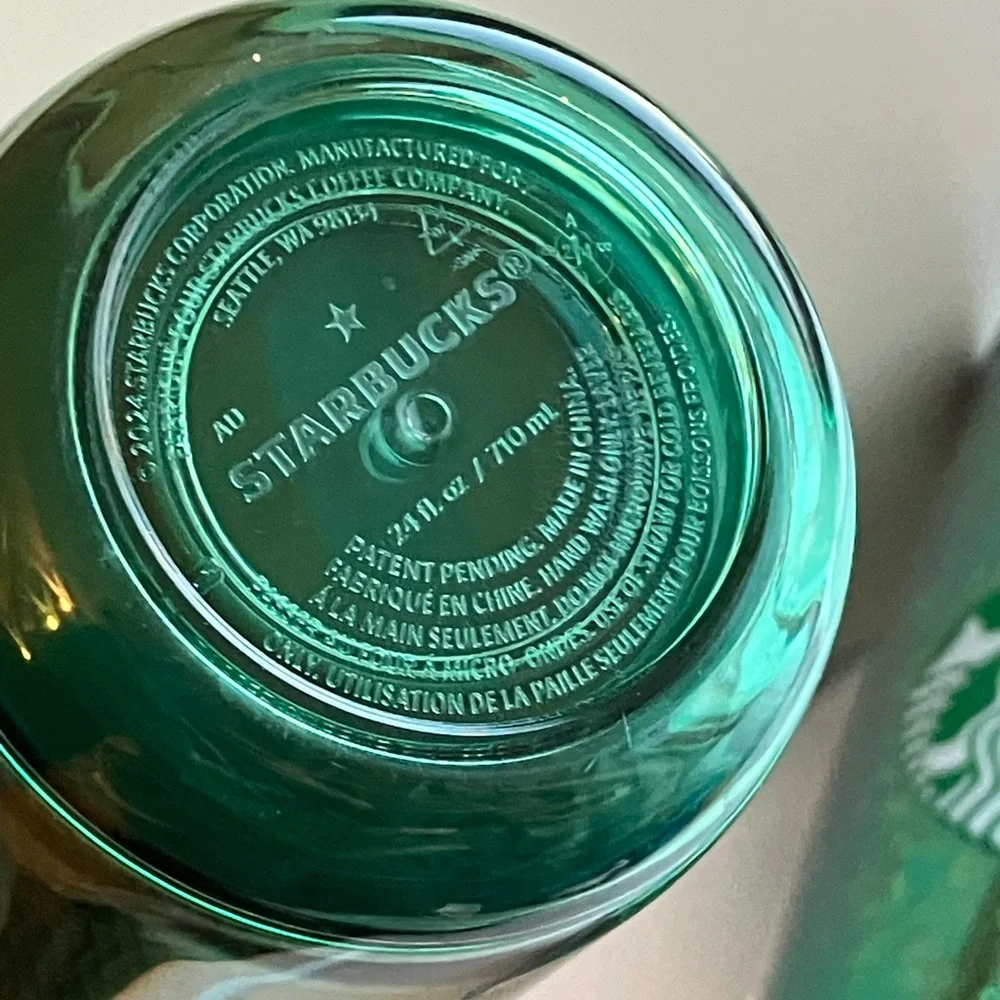 2 Starbucks tall 24 oz. plastic cups Holiday green sparkling flecks and tweed